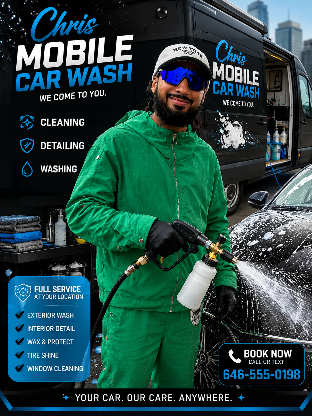 Chris of Chris Auto Spa holding a foam cannon next to his mobile car wash van